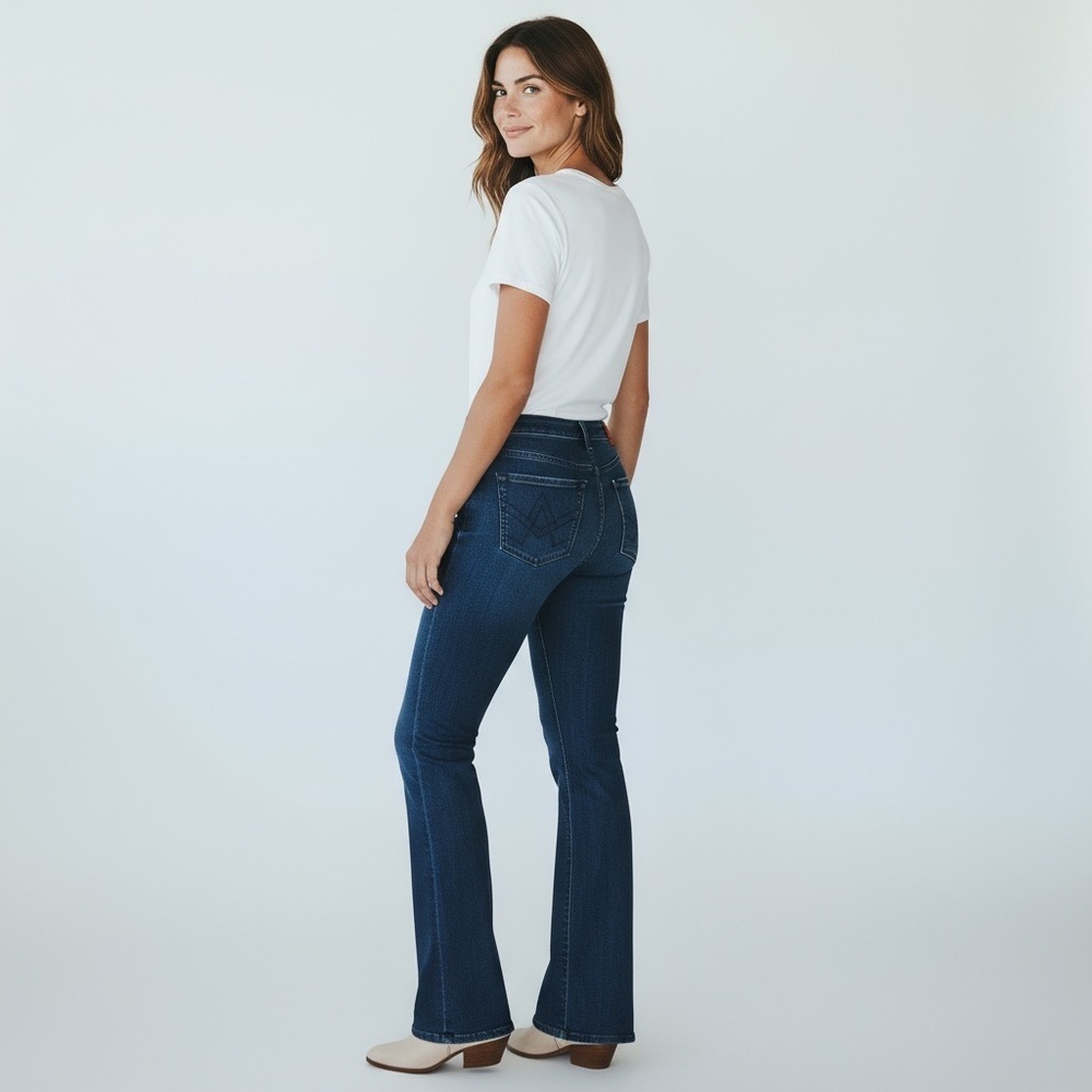 7 For All Mankind Bootcut Jeans Long Low Rise Western Cowgirl Dark Blue Wash